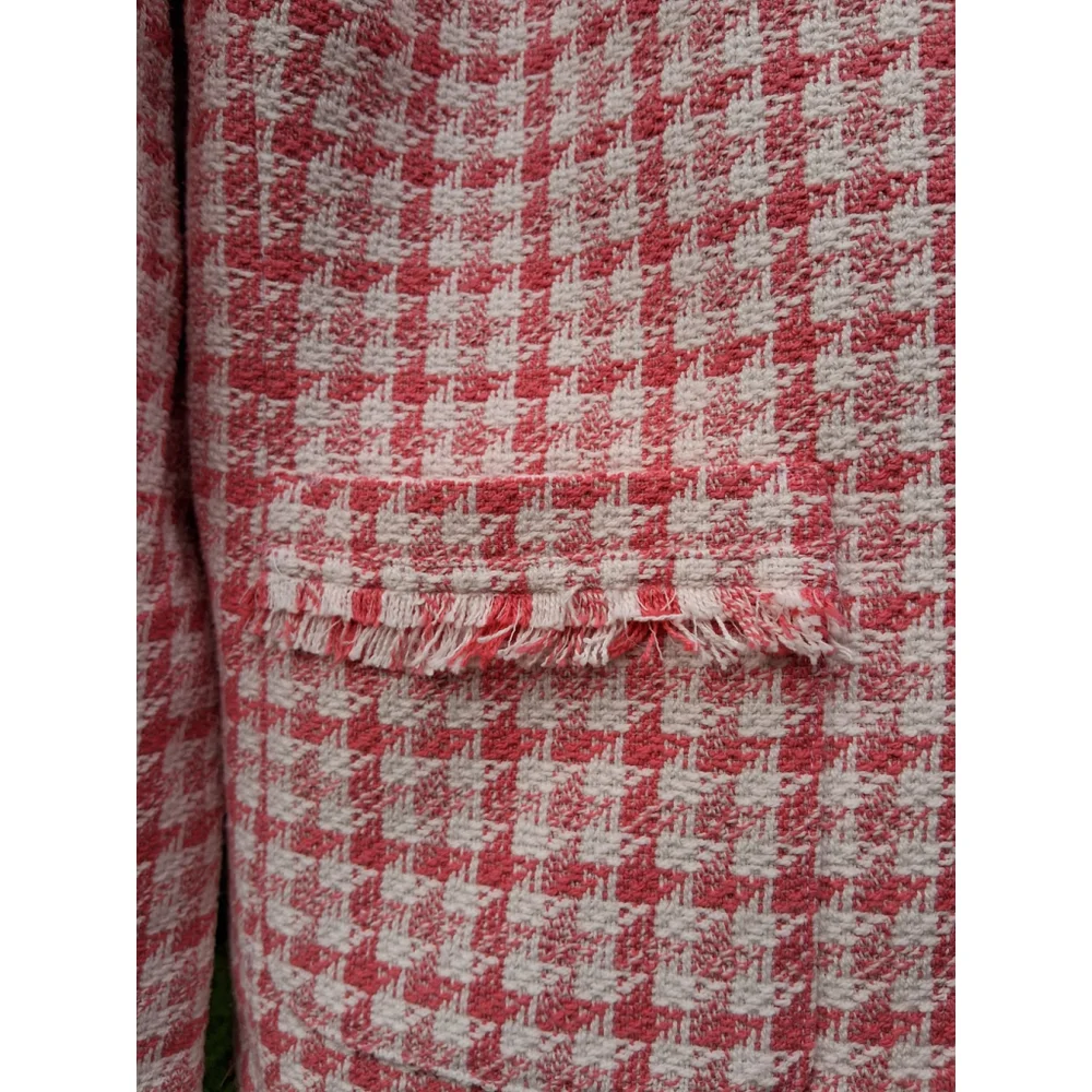 💐EUC TALBOTS Blazer Jacket Pink White Checkered Tweed Fringe Sz. 12 - Picture 3 of 14